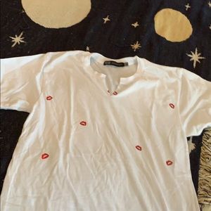 white t-shirt with metallic red lips